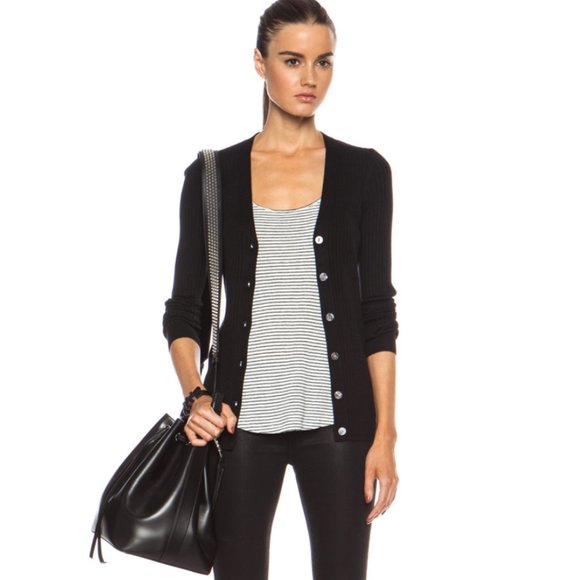 Vince Skinny Rib Knit Black Cardigan - Picture 1 of 8